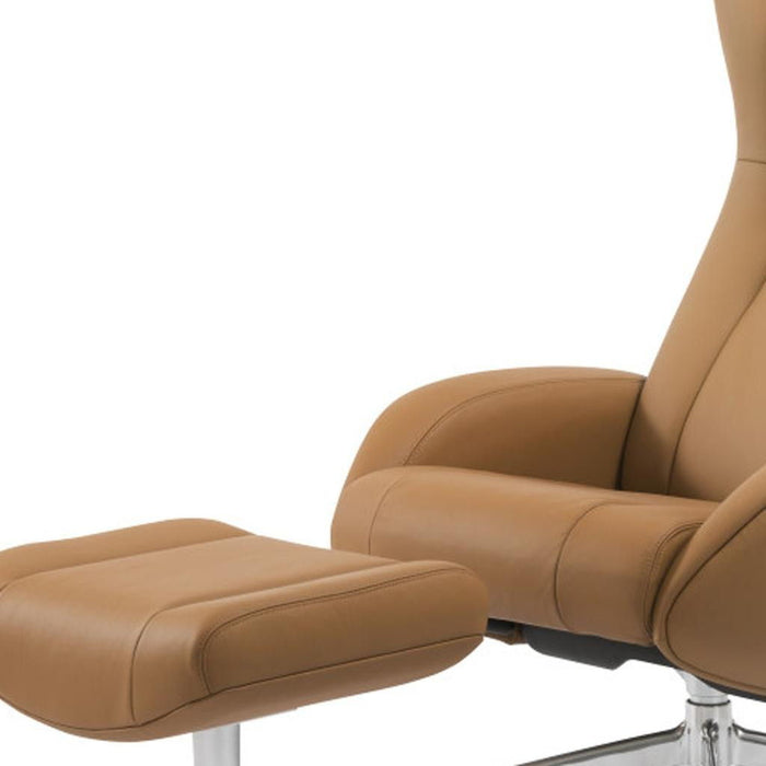 HomeRoots camel tufted genuine leather manual swivel recliner with matching ottoman, featuring plush cushioning and stylish design.