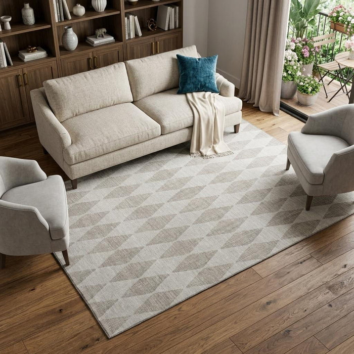 9' X 12' Diamond Washable Area Rug With UV Protection (650019) - Beige / Ivory