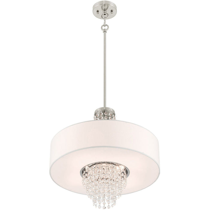 Four-light metal chandelier with shades in nickel finish, featuring clear and off-white glass shades, by HomeRoots.