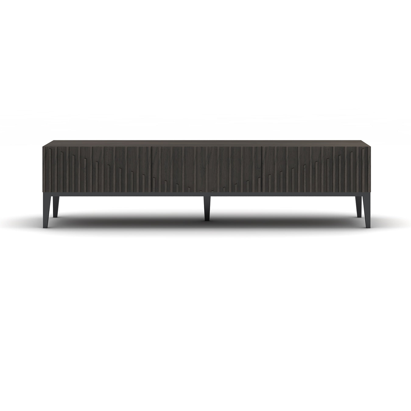 Modern J & M Furniture CE TV base with sleek design and open shelving for media equipment, ideal for contemporary living rooms.
