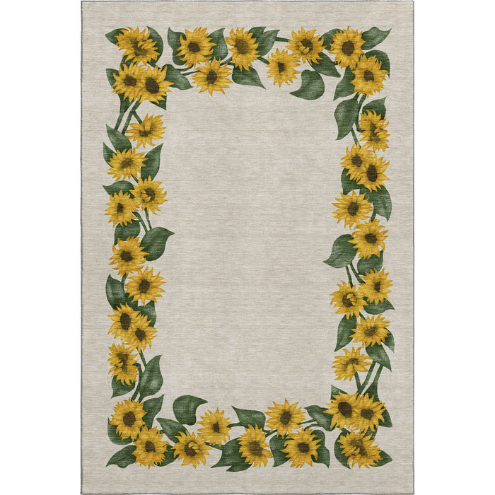 8' X 10' Geometric Washable Area Rug With UV Protection - Yellow / Ivory