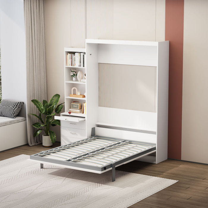 Giga modern vertical Murphy bed with built-in shelf and drawers, space-saving wall bed with gas struts for bedroom or guestroom.