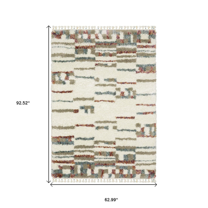 5' X 8' Abstract Shag Distressed Area Rug With Fringe - Tan