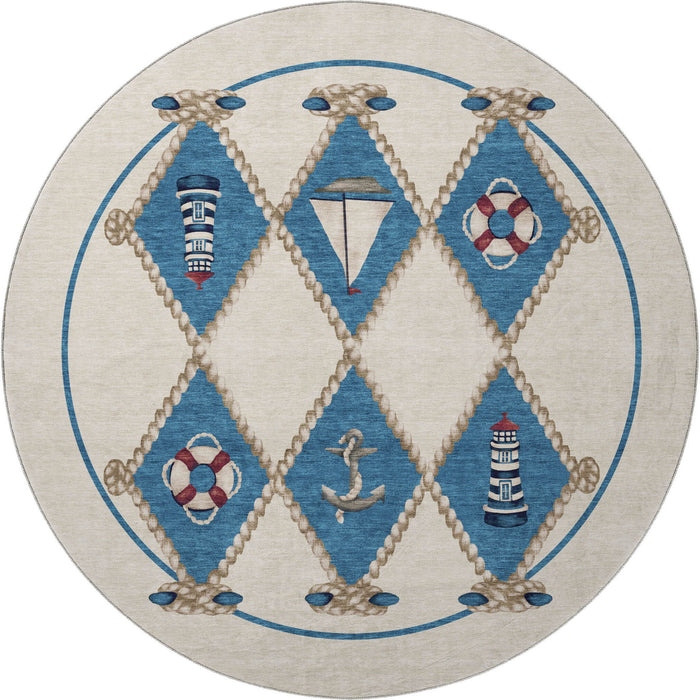 8' Nautical Washable Round Rug With UV Protection - Ivory And Red