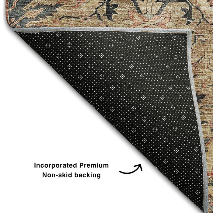 10' X 14' Damask Washable Area Rug With UV Protection (683878) - Khaki / Gray / Salmon
