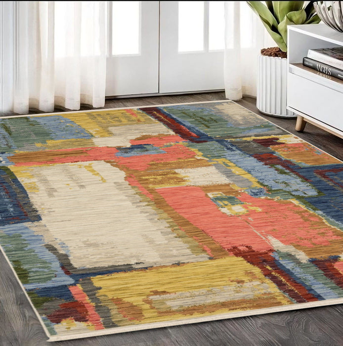 5' X 8' Abstract Area Rug With Fringe - Beige And Salmon