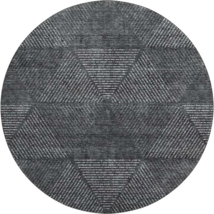 8' Geometric Washable Round Rug With UV Protection - Charcoal And Silver