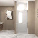 Giga shower door with clear glass and explosion-proof safety film, featuring sleek frame and modern design for bathroom use.