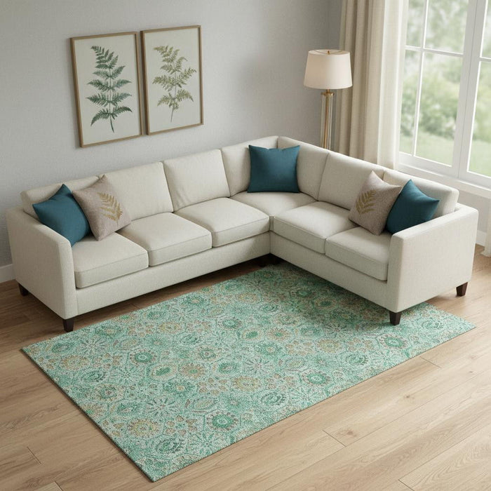10' X 14' Floral Washable Area Rug With UV Protection (708643) - Aqua / Beige