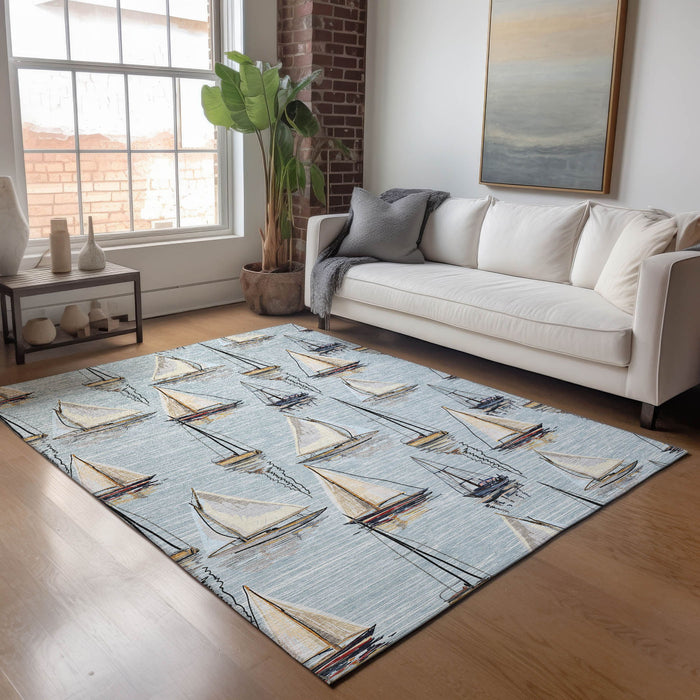 8' X 10' Nautical Washable Area Rug With UV Protection - Sky Blue