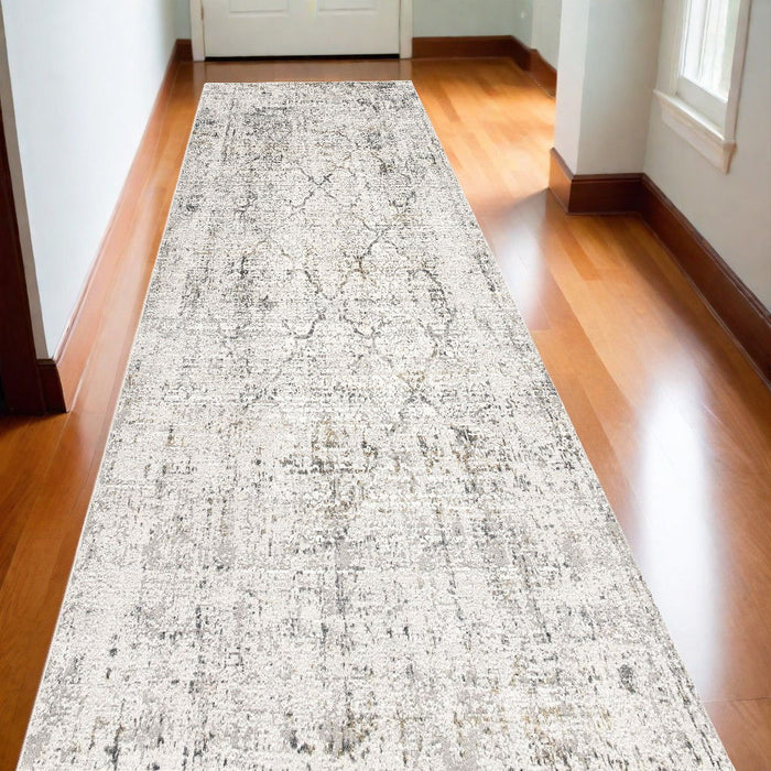 20' Damask Distressed Runner Rug - Gray And Ivory