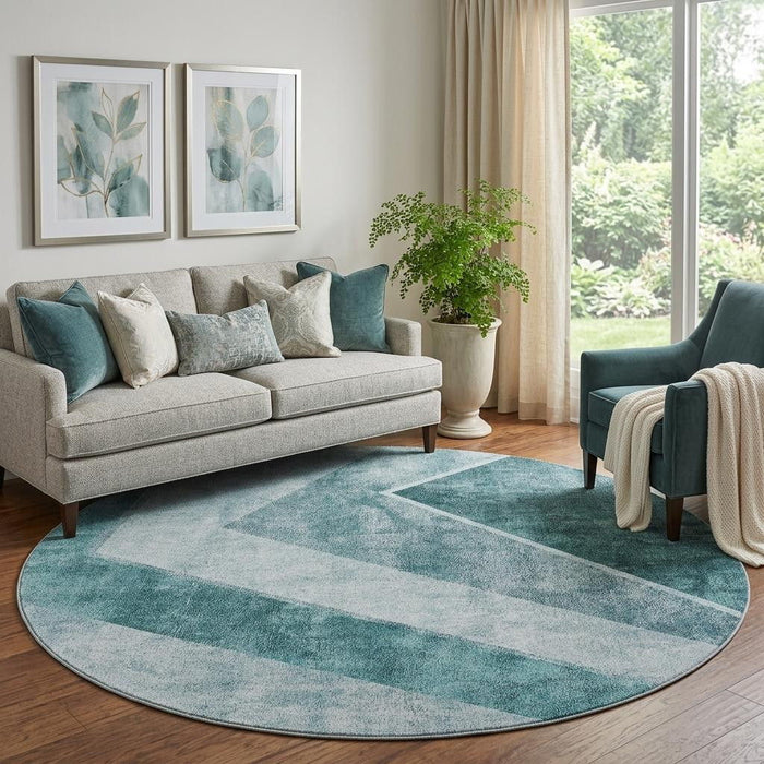 8' Geometric Washable Round Rug With UV Protection (655576) - Teal / Ivory