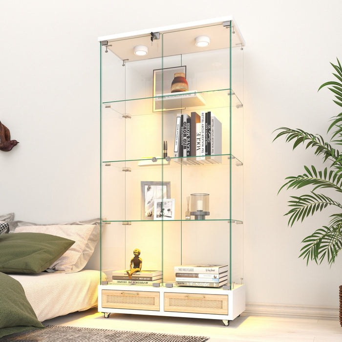 Giga glass display cabinet with LED lights, tempered glass doors, large drawers, and 2-door storage with 4 shelves in natural/white finish.