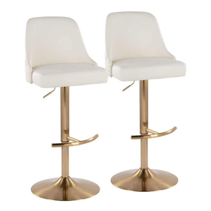 Marcel - Adjustable Barstool With Rounded T Footrest (Set of 2) - Gold Metal And White Faux Leather With Gold Nailhead Trim