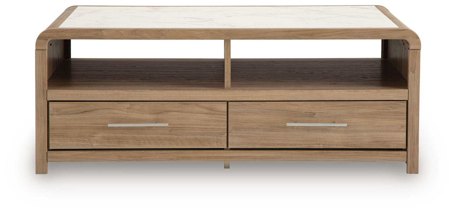 Rectangular Signature Design by Ashley cocktail table with a sleek wooden top and metal legs.