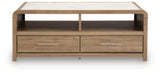 Rectangular Signature Design by Ashley cocktail table with a sleek wooden top and metal legs.
