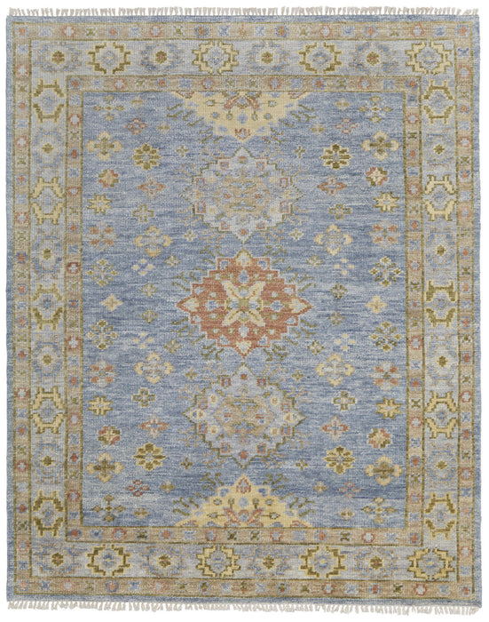 5' x 8' Wool Geometric Hand Knotted Area Rug With Fringe - Green Blue And Yellow