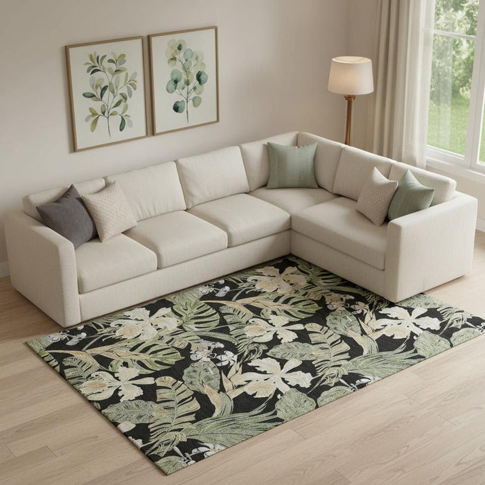 10' X 14' Floral Washable Area Rug With UV Protection (697824) - Black / Green / Beige