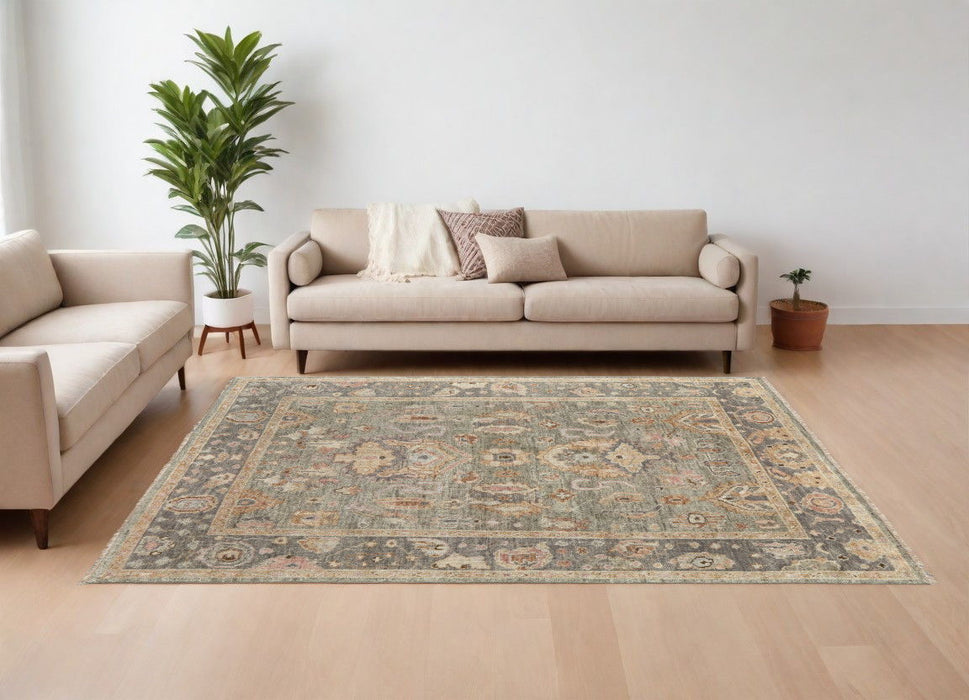 8' x 10' Wool Oriental Hand Knotted Rectangle Area Rug With Fringe - Gray And Gold