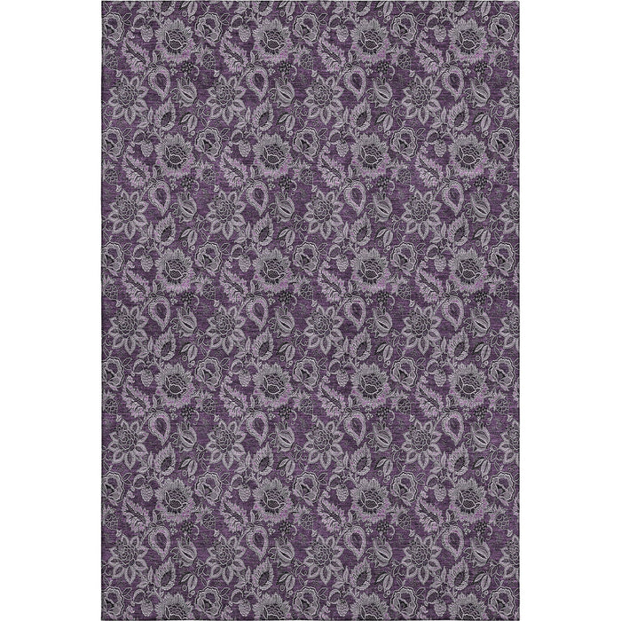 10' X 14' Floral Washable Area Rug With UV Protection (655054) - Eggplant / Gray