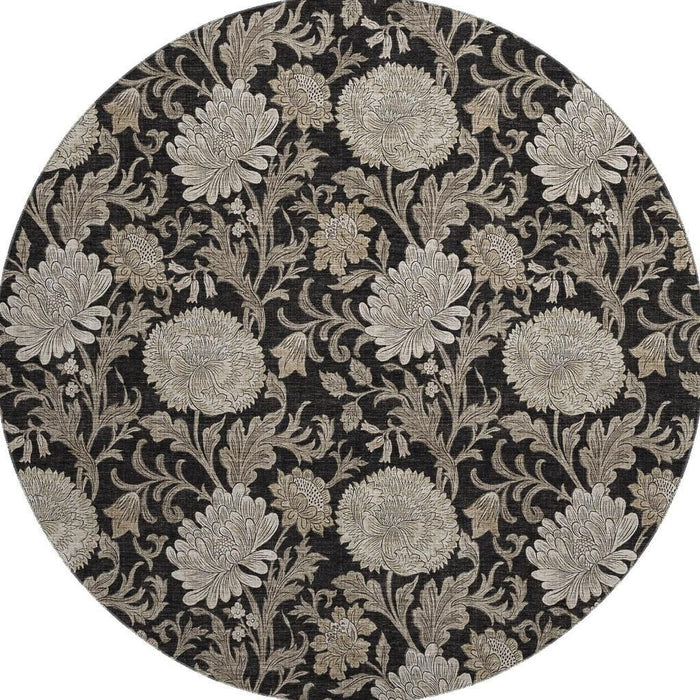 8' Floral Washable Round Rug With UV Protection (655773) - Black / Beige