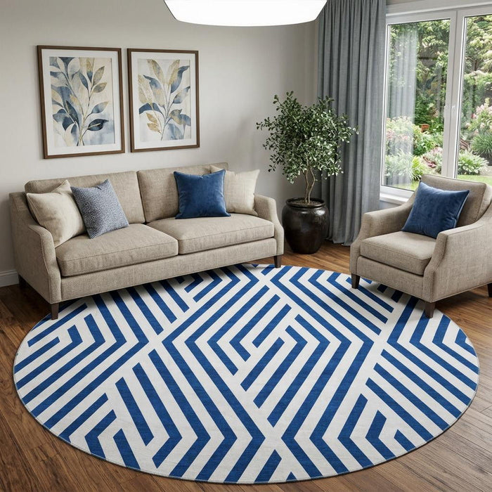 8' Geometric Washable Round Rug With UV Protection (648565) - Navy Blue / Ivory