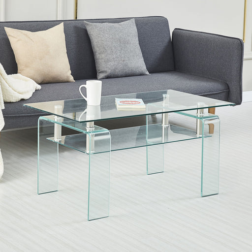 Modern Giga tempered glass coffee table with two-tier storage for living room, showcasing sleek design and clear glass surfaces.