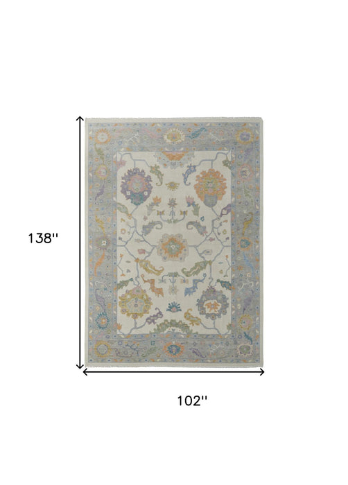 8' x 12' Wool Floral Hand Knotted Area Rug With Fringe - Gray Ivory And Orange