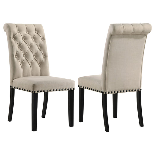 Set of two beige Alana fabric upholstered dining side chairs by CoasterEveryday, featuring comfortable cushioned seats and stylish design.