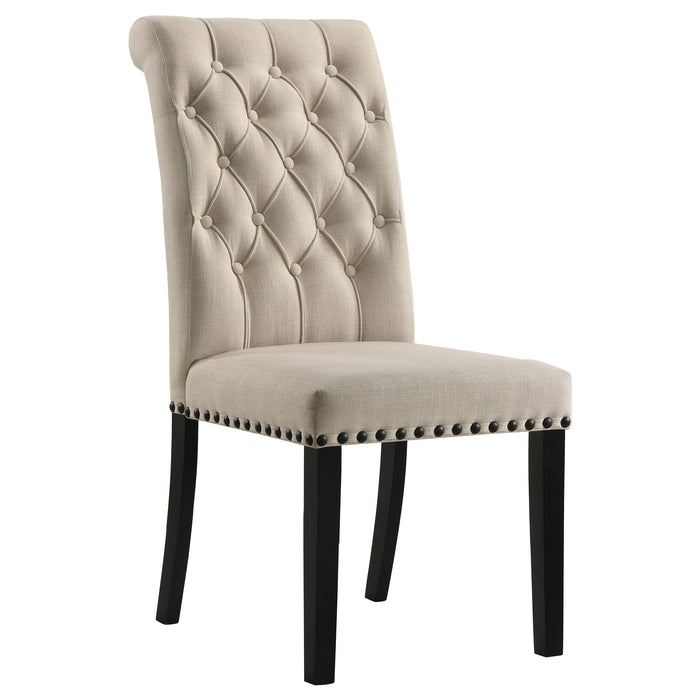 Set of two beige Alana fabric upholstered dining side chairs with wooden legs by CoasterEveryday.