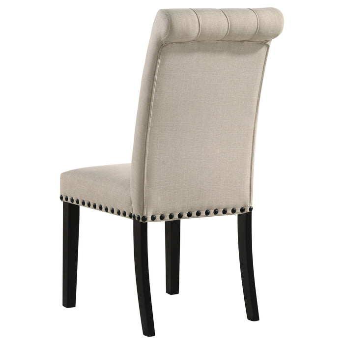 Set of two beige Alana fabric upholstered dining side chairs with wooden legs from CoasterEveryday.