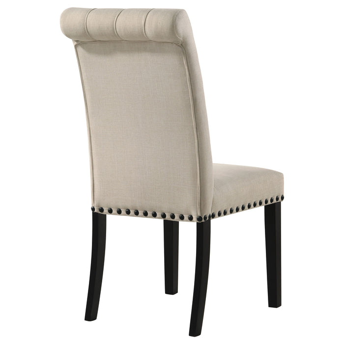 Set of two beige Alana fabric upholstered dining side chairs with wooden legs, modern and comfortable furniture by CoasterEveryday.
