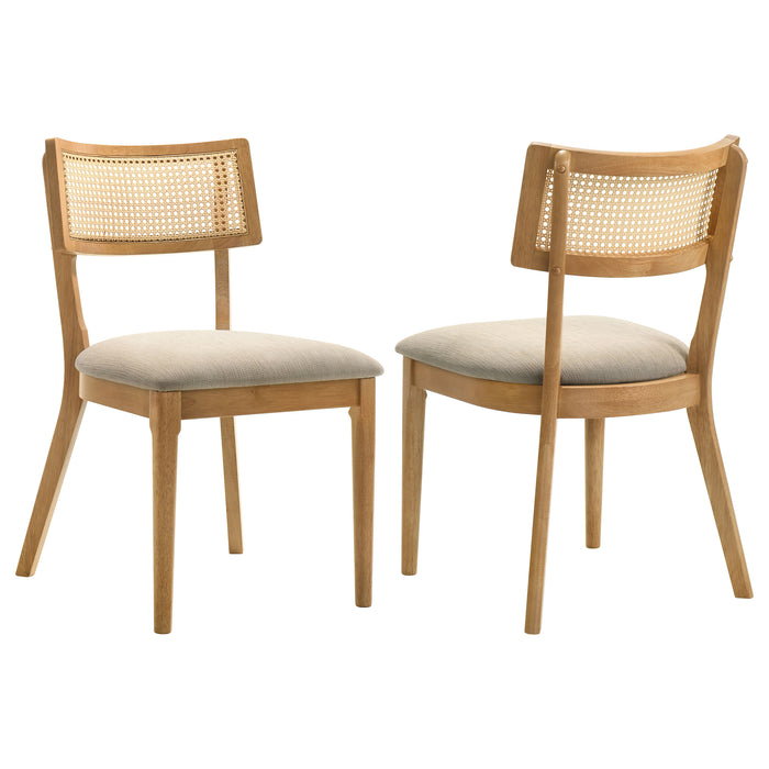 Set of two Fabra Cane Back Side Chairs by CoasterEveryday with honey wheat finish, featuring woven cane backrests and wooden legs.