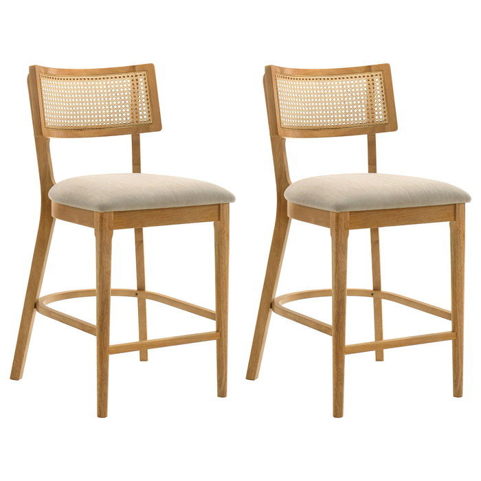 Set of two CoasterEveryday Fabra cane back counter height chairs in honey wheat finish, showcasing woven cane backrests and wooden seats.