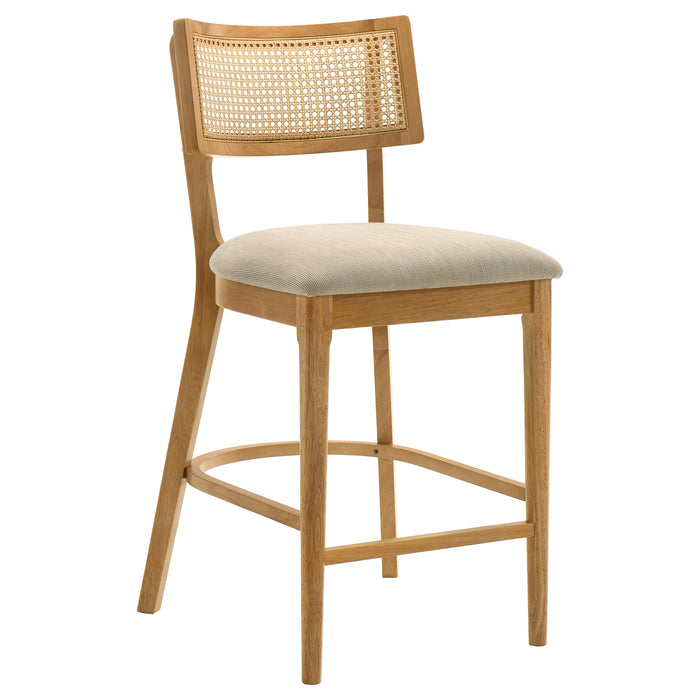 Pair of CoasterEveryday Fabra Cane Back Counter Height Chairs in Honey Wheat, set of two, featuring woven cane backrests and wooden legs.
