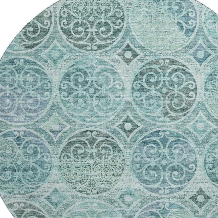 8' Medallion Washable Round Rug With UV Protection - Teal And Aqua