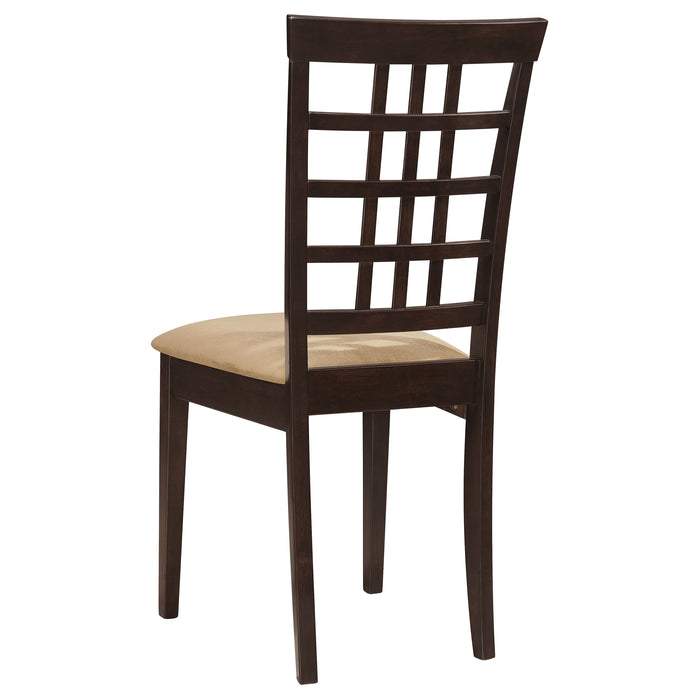 Pair of CoasterEveryday Kelso lattice-back dining side chairs in cappuccino finish, with wooden legs and upholstered seats.