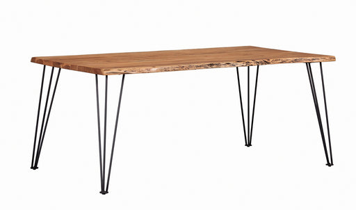 Sherman 71-inch natural acacia live edge dining table by CoasterElevations, showcasing its wood grain and organic edge design.