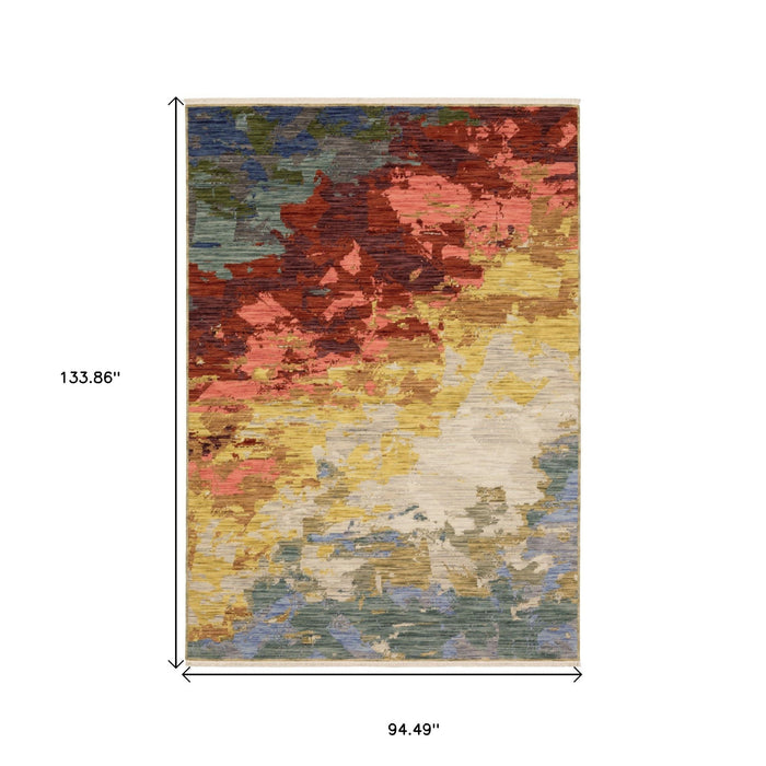8' X 11' Abstract Area Rug With Fringe - Beige And Rust