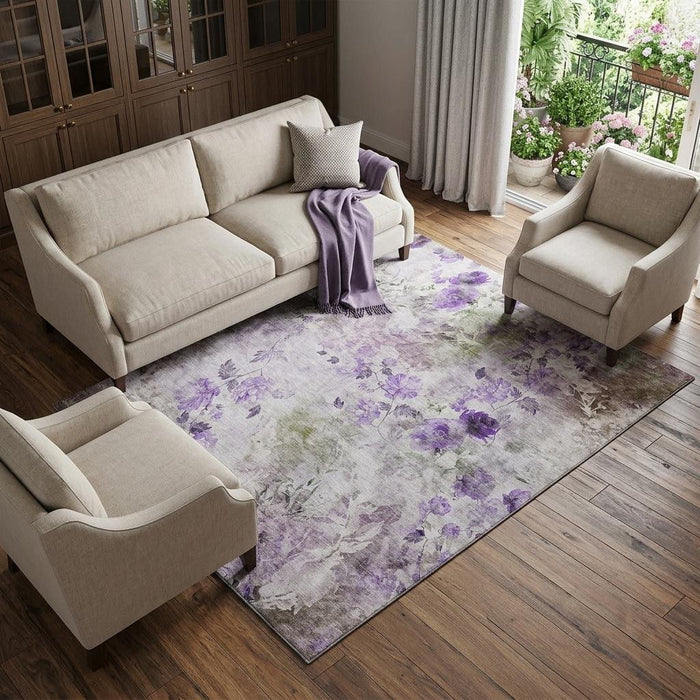 10' X 14' Floral Washable Area Rug With UV Protection (657731) - Purple / Gray / Ivory