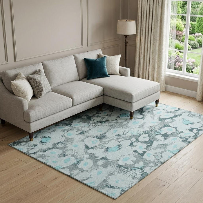 10' X 14' Floral Washable Area Rug With UV Protection (648178) - Teal / Gray / Ivory