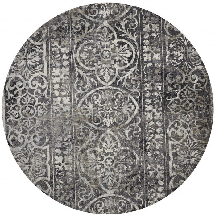 9' Round Abstract Area Rug - Black And Ivory