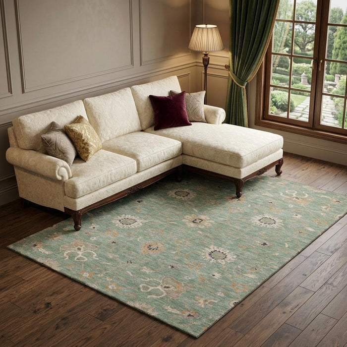 10' X 14' Floral Washable Area Rug With UV Protection (686108) - Artichoke Green / Copper / Beige