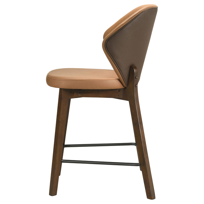 Pair of CoasterEveryday Randolph upholstered counter height chairs in butterscotch and brown with padded seats and backrests.