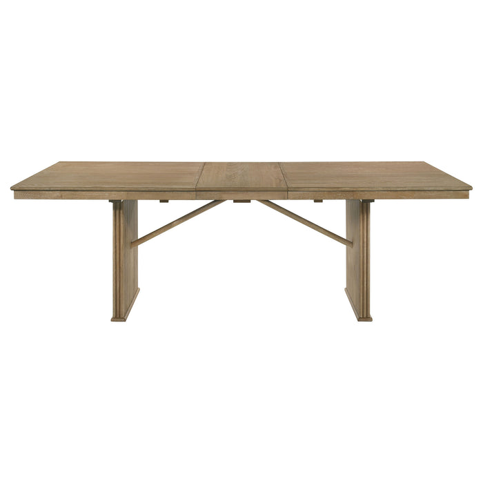 Distressed light brown 7-piece extension dining set by CoasterEveryday, including table and matching chairs, in a modern furniture style.