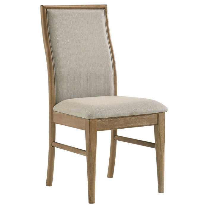CoasterEveryday Adina 7-piece extension dining set with distressed light brown wooden finish, includes table and chairs.