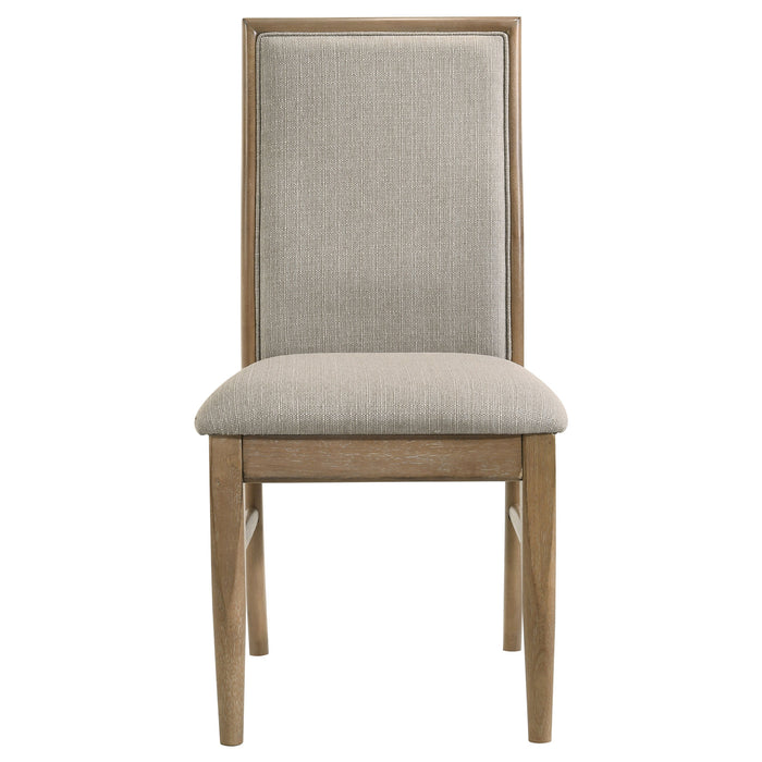 CoasterEveryday Adina 7-piece extension dining set with distressed light brown wood finish, including table and chairs.