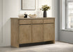 Distressed light brown Adina 3-door 59-inch sideboard server by CoasterEveryday, featuring wooden finish and storage compartments.