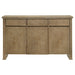 CoasterEveryday Adina 3-door 59-inch light brown distressed wood sideboard server showing storage compartments and rustic design