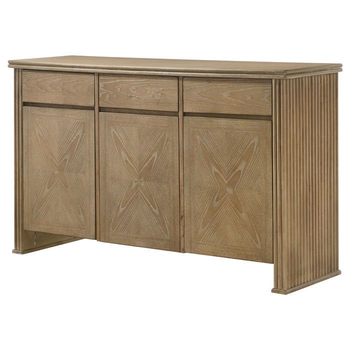 Distressed light brown Adina 3-door 59-inch sideboard server by CoasterEveryday showing wood grain and modern furniture design.